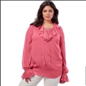 Roaman’s Romantic Lace-Up Ruffle Blouse Coral Plus Size 12W New